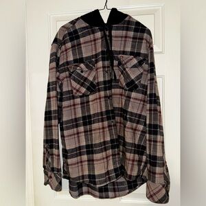 Quiksilver Black Hooded Plaid Shirt with Gray & Burgundy Accents